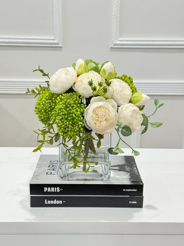 Faux Peony Hydrangea Green Berries Arrangement